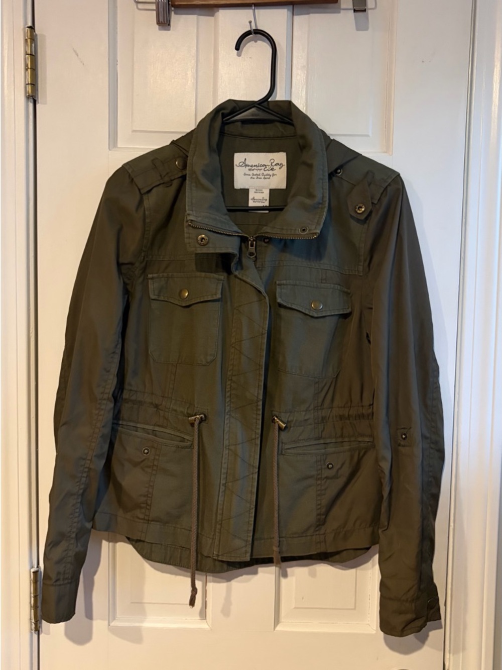 American Rag Olive Green Utility Jacket with Hideaway Hood and Cinch   Waist